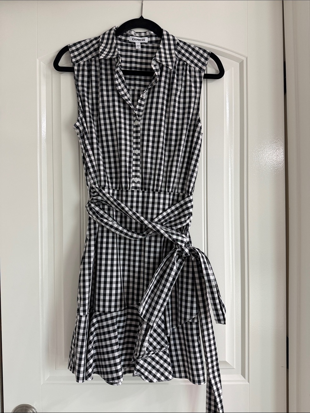 Express Black and White Gingham Tie-Waist Mini Dress
